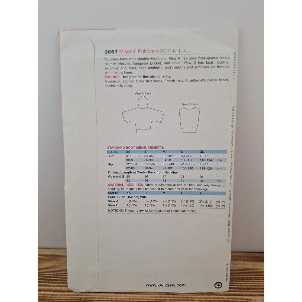 Kwik Sew 3667 Hoodie w Kangaroo‎ Pocket & Dolman Sleeve Pullover Sz XS-XL UNCUT
